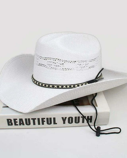 Unisex Wide Brim Hollow Straw Cowboy & Cowgirl Sun Hat - Adjustable Fit 55-61cm
