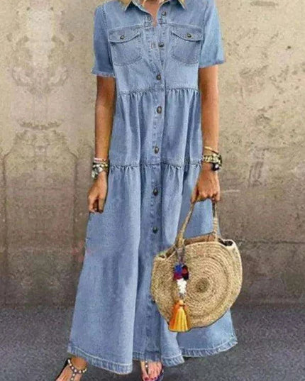 Retro-Inspired Short Sleeve Denim Dress with Pockets and Button Detail for Women’s Spring/Summer Casual Wear