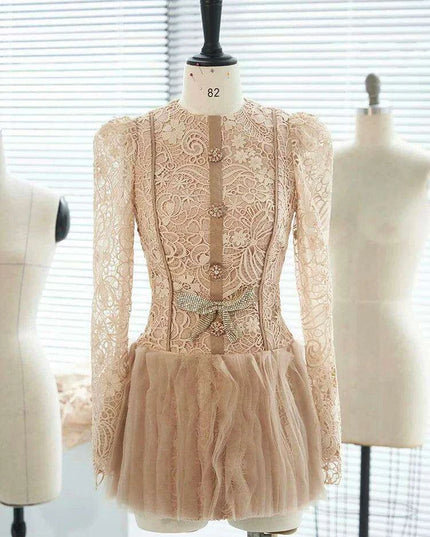 Elegant Lace and Mesh Evening Gown with Dazzling Details