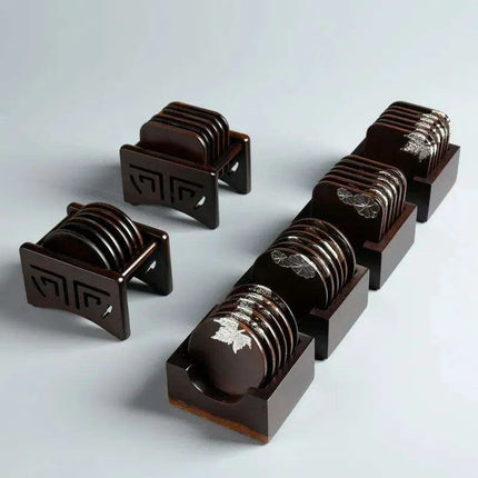 Elegant Ebony Square Zen Tea Ceremony Set with Wooden Tray