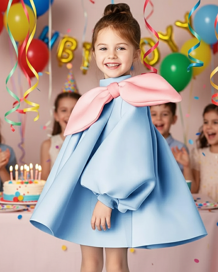 Charming Boutique Princess Dress for Girls with Elegant Bow and Puff Sleeves