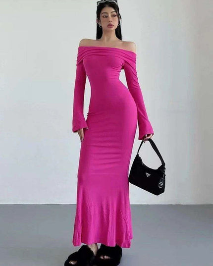 Chic Winter Elegance: Off-Shoulder Korean Maxi Dress in Black