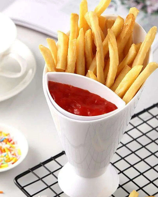French Fry and Dipping Sauce Stand - Chic White Snack Holder Duo