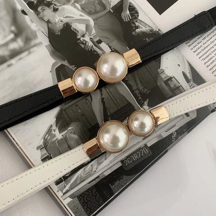 Double Pearl Buckle Elastic Waist Belt — Women’s PU Leather, 6 cm Wide