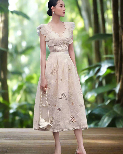 Embroidery Hollow V-Neck Lace Dress