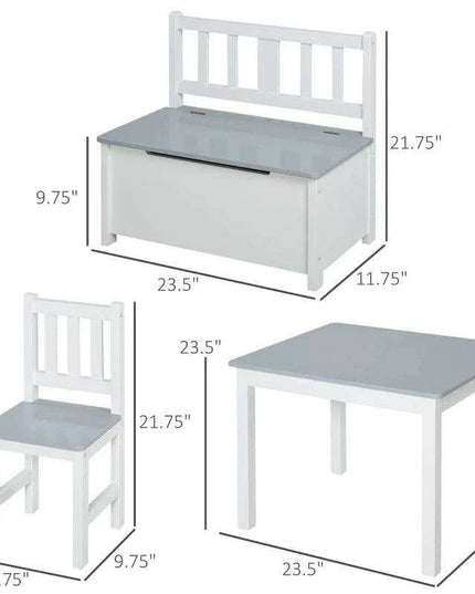 Stylish Grey and White Children's Table Set with Storage Bench and Two Chairs - Ideal for Imaginative Play and Learning Activities