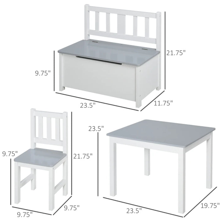 Modern Grey and White Kids Table Set with Storage Bench and 2 Chairs - Fun Design for Creative Play
