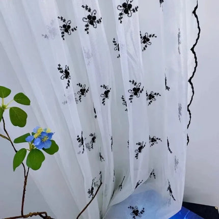 Sheer Peach Embroidery Curtain with Wavy Black Edge