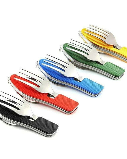 Multi-Functional Outdoor Dining Utensil Set: Fork, Spoon, Knife & Bottle Opener for Campers and Hikers