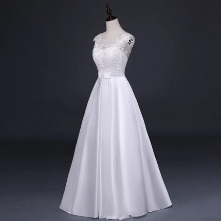 Elegant White Satin Backless Wedding Dress with Lace Embroidery