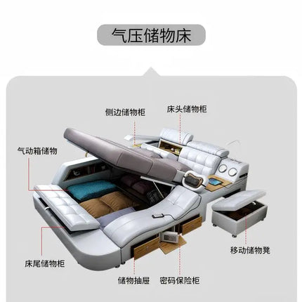 Leather Smart Bed with Built-In Massage, Overhead Projector & Underbed Storage