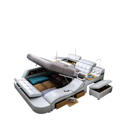 Leather Smart Bed with Built-In Massage, Overhead Projector & Underbed Storage
