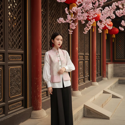 Moyizif Women's Chinese Style Tang Suit Vest - Elegant Frog Button Des
