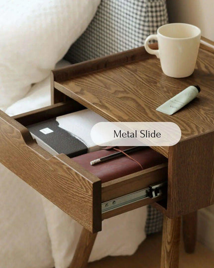 Elegant Walnut Mid Century Modern Bedside Table with Storage Drawer - Premium Solid Ash Wood Nightstand for Bedroom and Dorm Room