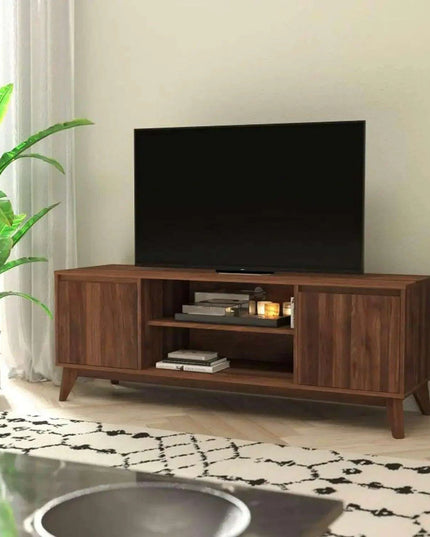 60" Walnut-Finished Mid-Century Modern TV Stand with Soft-Close Doors and Adjustable Shelf
