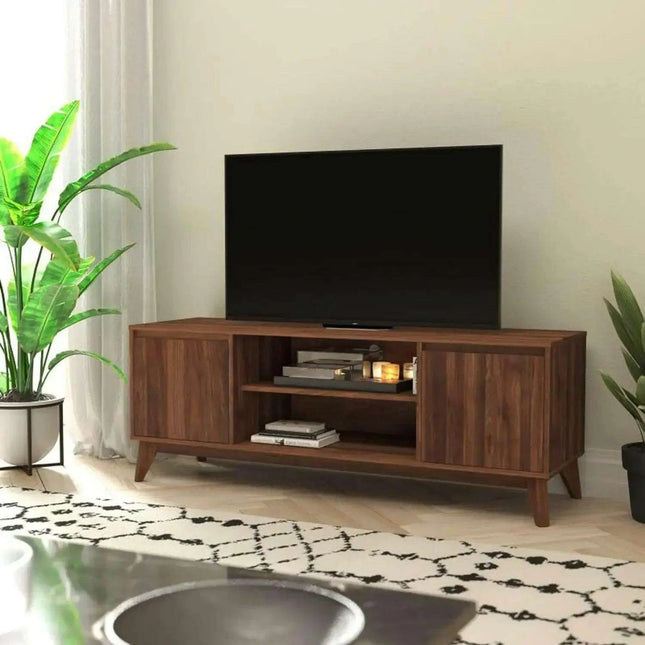 60" Walnut-Finished Mid-Century Modern TV Stand with Soft-Close Doors and Adjustable Shelf