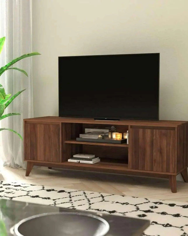 60" Walnut-Finished Mid-Century Modern TV Stand with Soft-Close Doors and Adjustable Shelf