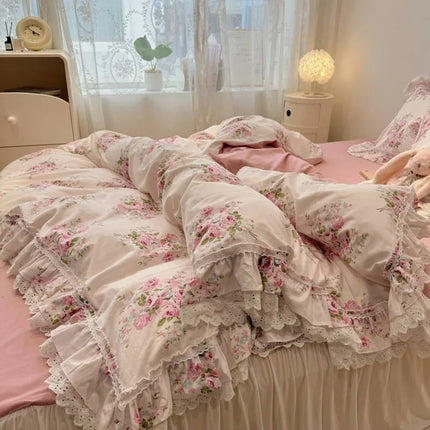 Vintage Floral Cotton Bedding Set - 100% Cotton Ruffle Edge Duvet Cover Set