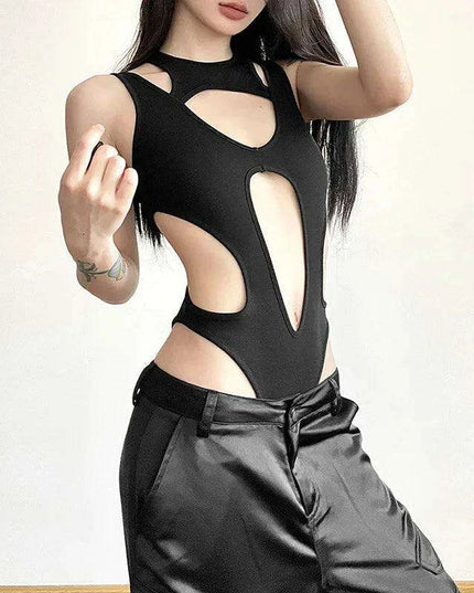 Edgy Backless Techwear Bodysuit - Y2K Grunge Hollowed Slim Fit Top for Women