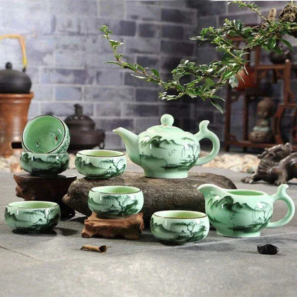 Lotus Landscape Longquan Celadon Kung Fu Tea Set - Exquisite 9-Piece Gift Collection for Tea Enthusiasts