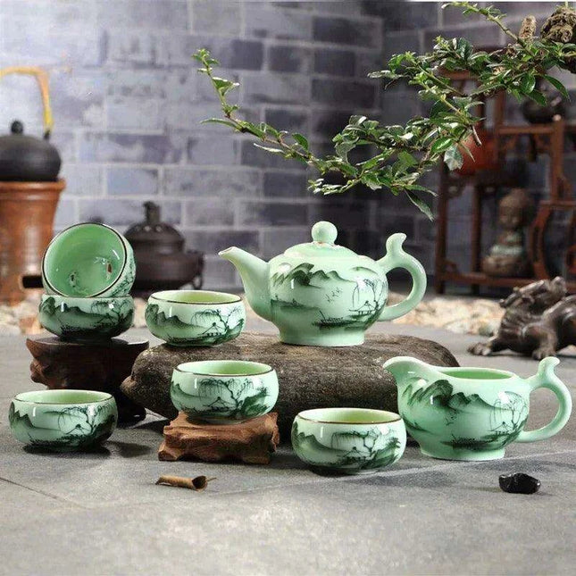 Lotus Landscape Longquan Celadon Kung Fu Tea Set - Exquisite 9-Piece Gift Collection for Tea Enthusiasts
