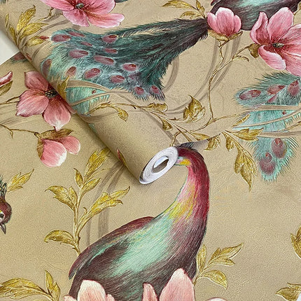 Peacock Feather & Floral Birds Wallpaper — Southeast Asian Mural, 53cm × 9.2m | Très Élite