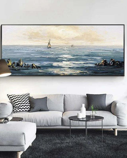 Coastal Calm: Hand-Painted Abstract Ocean Beach Oil Canvas Art