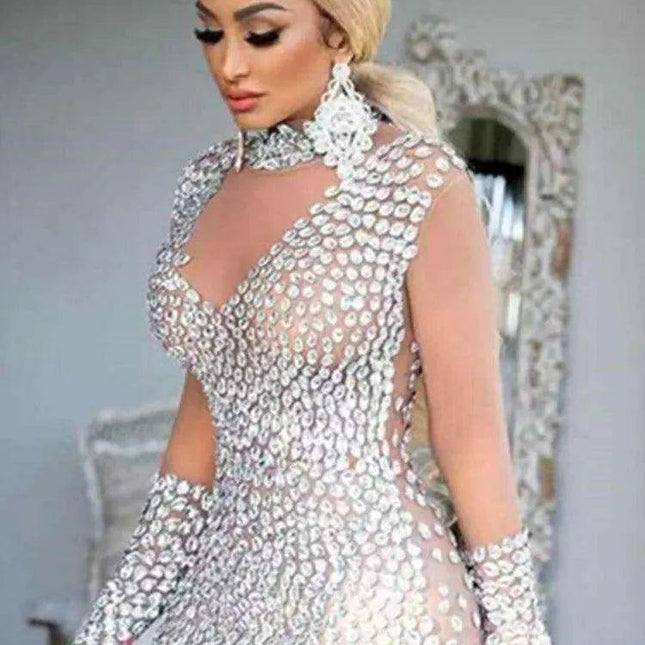 Stunning Crystal-Embellished Mesh Bodycon Dress with Graceful Long Sleeves for Elegant Occasions