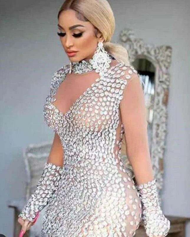 Stunning Crystal-Embellished Mesh Bodycon Dress with Graceful Long Sleeves for Elegant Occasions