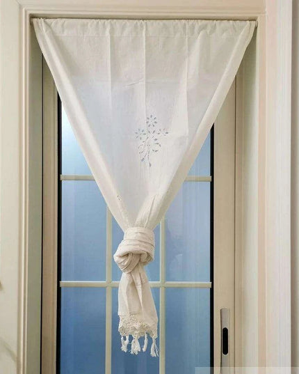 Cotton Kitchen Curtain with Hollow Design and Fun Tassel Trim - 01 panel