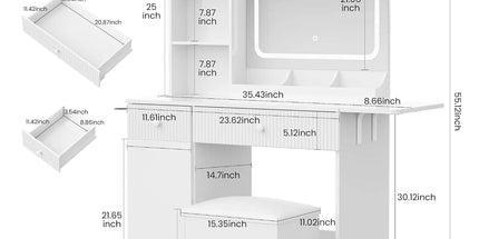 White Vanity Desk with Mirror Lights Power Outlets Drawers Cabinet Storage Stool for Bedroom, Customized white-vanity-desk-with-mirror-lights-power-outlets-drawers-cabinet-storage-stool-for-bedroom-customized