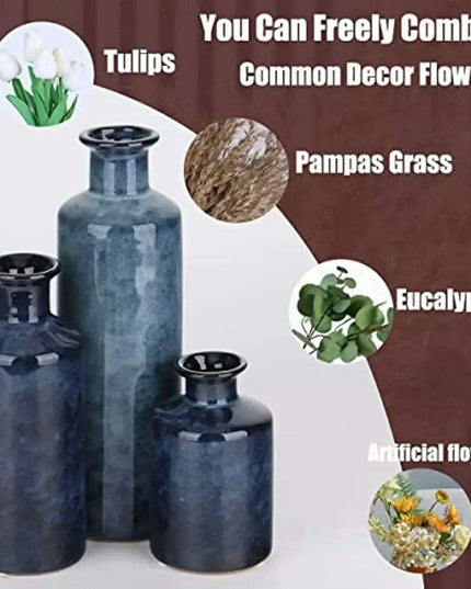 Elegant Blue Ceramic Vases Trio for Stylish Home Enhancement