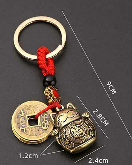 Lucky Fortune Cat Brass Keychain with Five Emperors Coin Charm