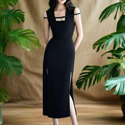 Elegant Black Sleeveless Evening Dress with Bow Detail and High Slit