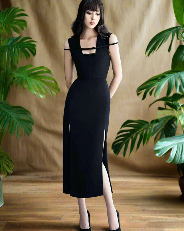 Elegant Black Sleeveless Evening Dress with Bow Detail and High Slit