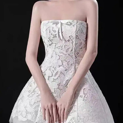 Strapless Lace & Tulle A-Line Mini Dress with Bow Detail — Evening & Party