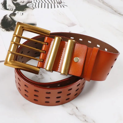 Two-Layer Cowhide Wide Belt with Bronze Buckle — 5.8cm Women’s Leather