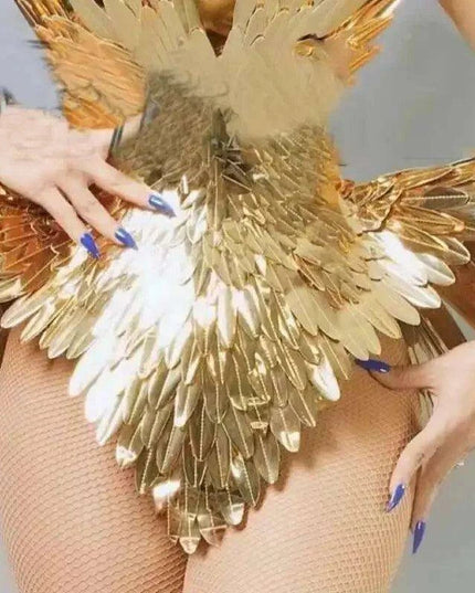 Radiant Gold Leaf Patent Leather Dance Bodysuit Set for Nightlife Glamour