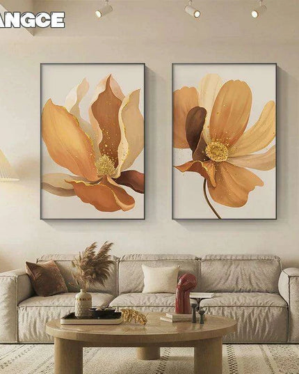 Sophisticated Blue Floral Abstract Canvas Artwork with Gold Leaf Highlights - Modern Scandinavian Home Decor