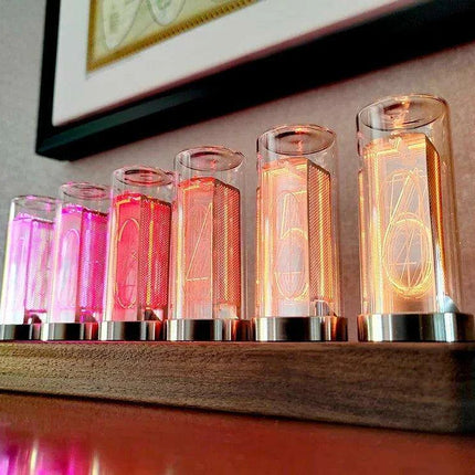 Retro RGB Nixie Tube Clock with Stylish Wooden Base - LED Alarm Timepiece for Unique Desktop Decor and Gifting