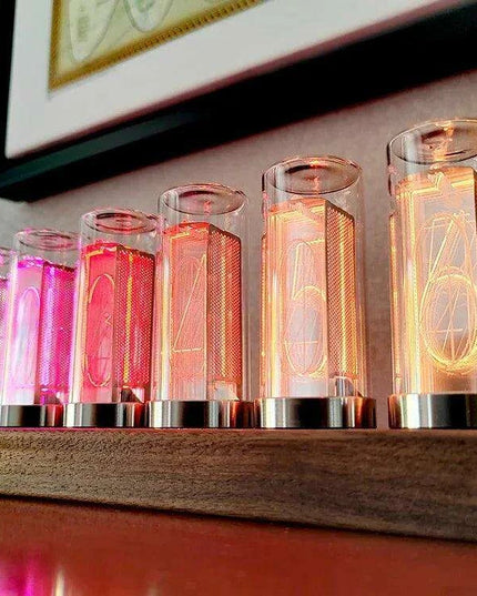 Retro RGB Nixie Tube Clock with Stylish Wooden Base - LED Alarm Timepiece for Unique Desktop Decor and Gifting
