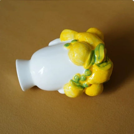 Hand Drawn Lemon Relief Ceramic Vase, Lemon Girl Desktop Flower Vase,