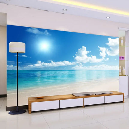 3D Ocean View Mural Wallpaper - Blue Sky & Clouds