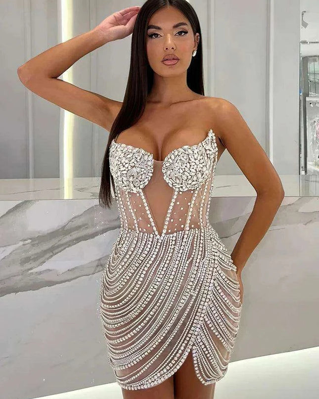 Radiant Crystal Embellished Sheath Dress - Chic Above Knee Gown for Weddings and Special Events