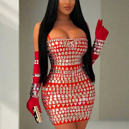 Elegant Diamond-Embellished Bodycon Mini Dress with Matching Gloves for Women - Ideal for Weddings and Special Celebrations