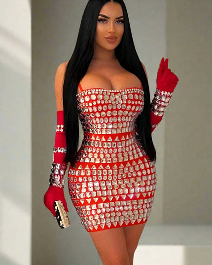 Elegant Diamond-Embellished Bodycon Mini Dress with Matching Gloves for Women - Ideal for Weddings and Special Celebrations