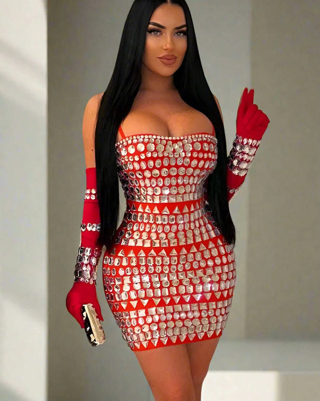 Elegant Diamond-Embellished Bodycon Mini Dress with Matching Gloves for Women - Ideal for Weddings and Special Celebrations