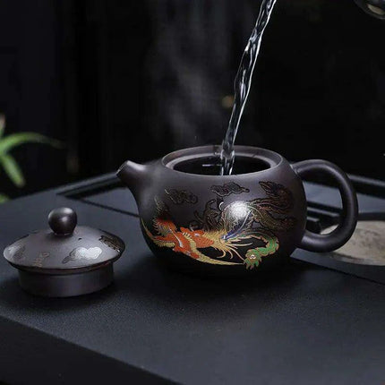 Mystical Heat-Responsive Purple Clay Teapot with Dragon and Phoenix Motif