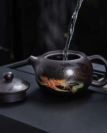 Mystical Heat-Responsive Purple Clay Teapot with Dragon and Phoenix Motif