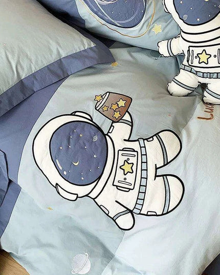 Charming Blue Cartoon Astronaut Embroidered 100% Cotton Boys Bedding Set - Single Duvet Cover, Sheet & Pillowcases - Ideal Gift for Little Explorers